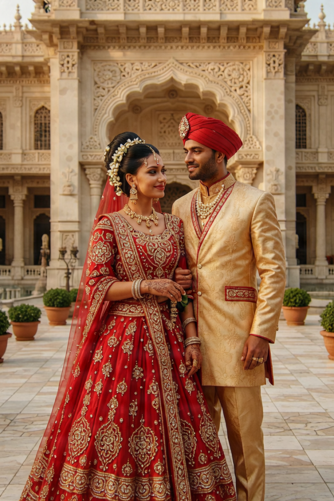 Indian wedding couple in traditional attire, cinematic lighting